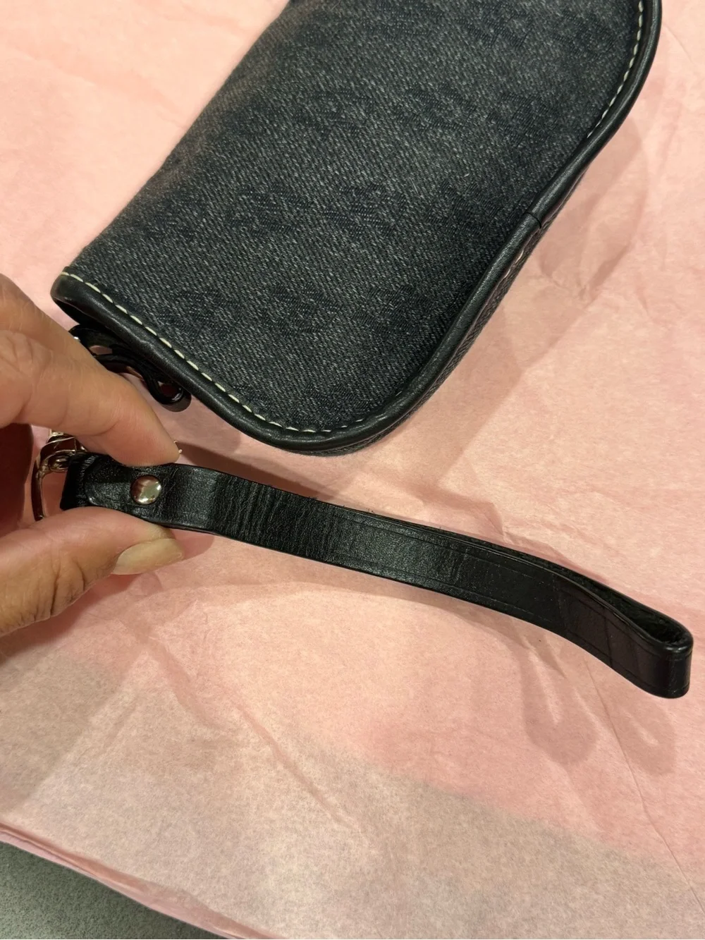 Dooney & Bourke Gray Denim Signature Canvas & Black Leather Wristlet